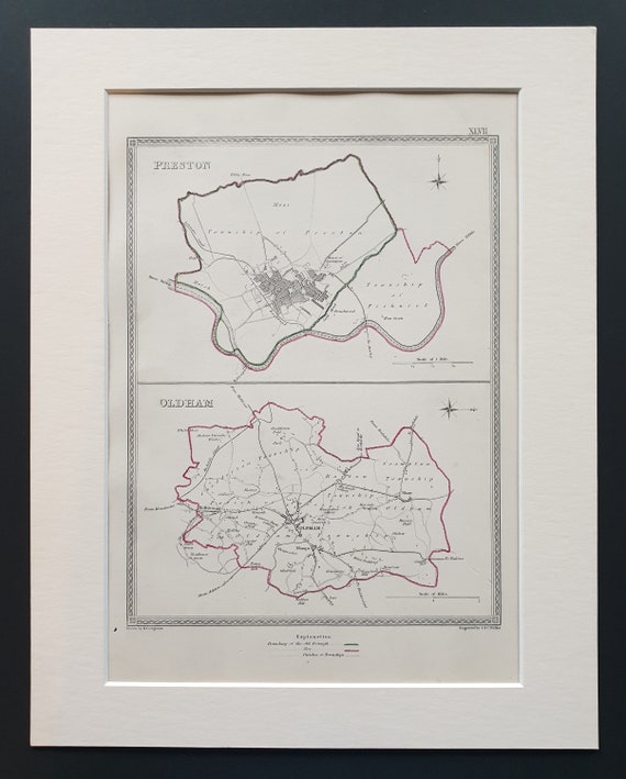Preston and Oldham - Original 1835 maps in mount