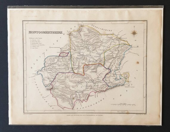 Original 1844 hand coloured County map - Montgomeryshire
