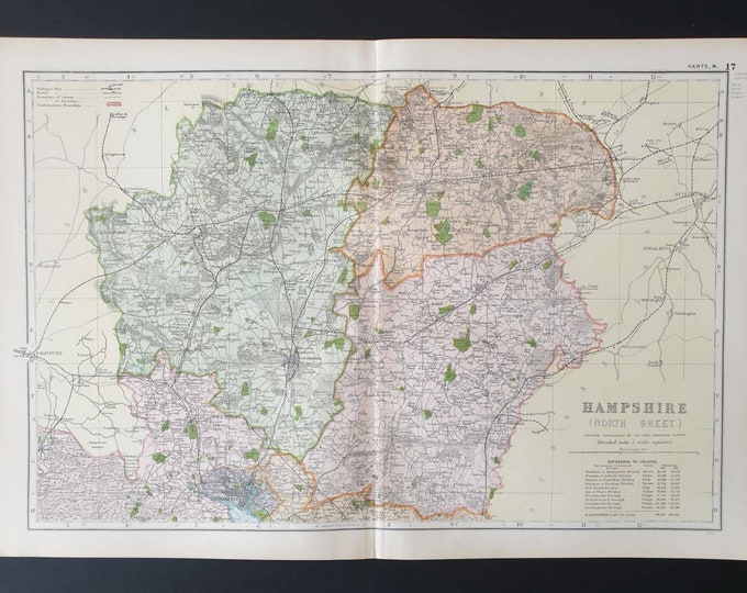 Original 1901 Large Antique County map - Hampshire North
