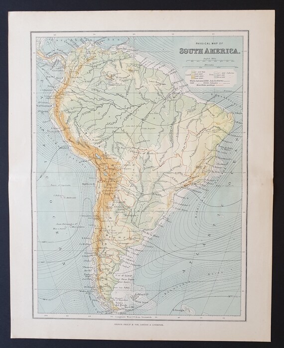 Physical map of South America - Original 1902 map