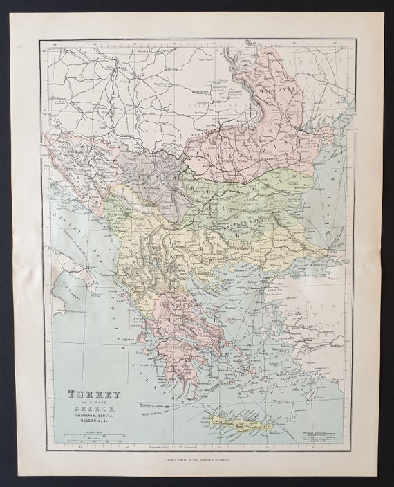 Turkey in Europe (with Greece, Roumania, Servia, Bulgaria etc) - Original 1902 map