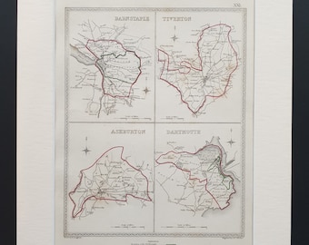 Barnstaple, Tiverton, Ashburton and Dartmouth - Original 1835 maps in mount