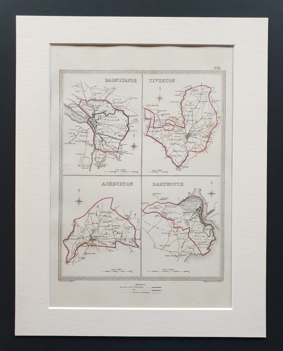 Barnstaple, Tiverton, Ashburton and Dartmouth - Original 1835 maps in mount