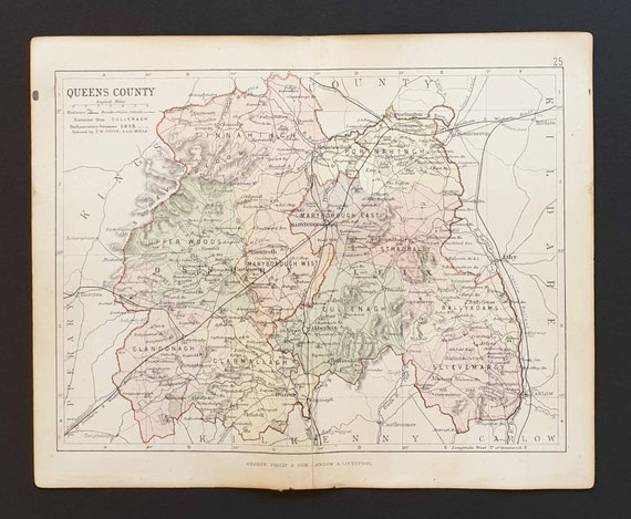 Original c1890's Ireland County map - Queens County