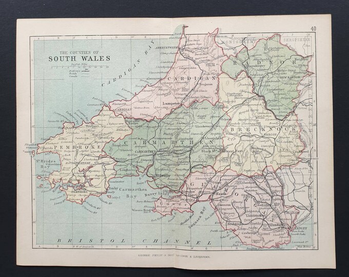 Original 1876 Antique County map - South Wales