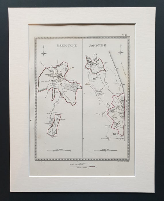 Maidstone and Sandwich - Original 1835 maps in mount