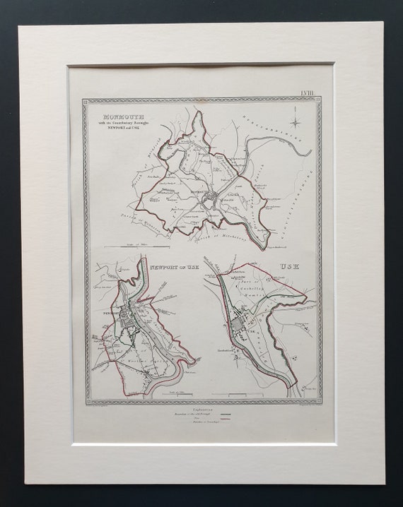 Monmouth, Newport on Usk and Usk - Original 1835 maps in mount