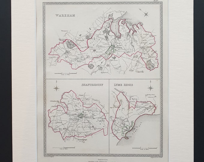 Wareham, Shaftesbury and Lyme Regis - Original 1835 maps in mount