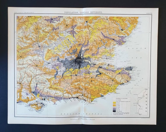 Original 1898 Large Antique map of Population, London and Environs