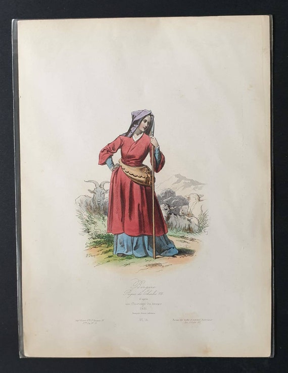 Original c1840 hand coloured French historical costume print - Shepherdess in the Kingdom of Charles VIII, 1491