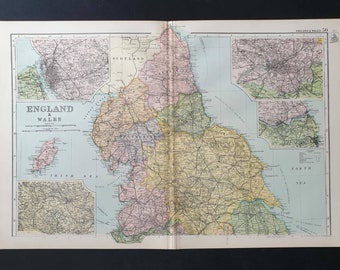 England North - Original 1900 Large Antique map