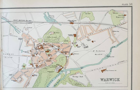 Original 1898 Antique Town/City map - Warwick