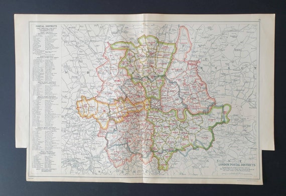 London Postal Districts - Original large 1929 London map