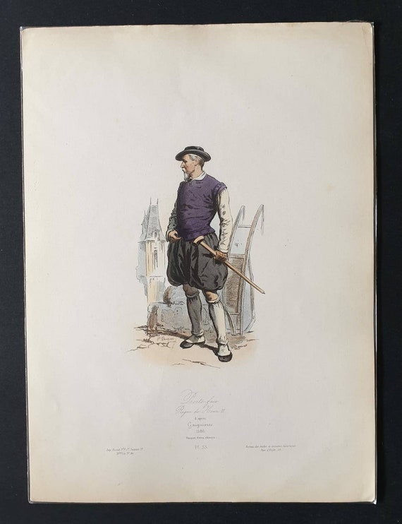 Original c1840 hand coloured French historical costume print - A Porter in the Kingdom of Henri III, 1586