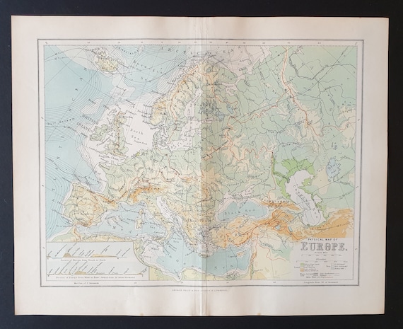 Physical Map of Europe - Original 1902 map