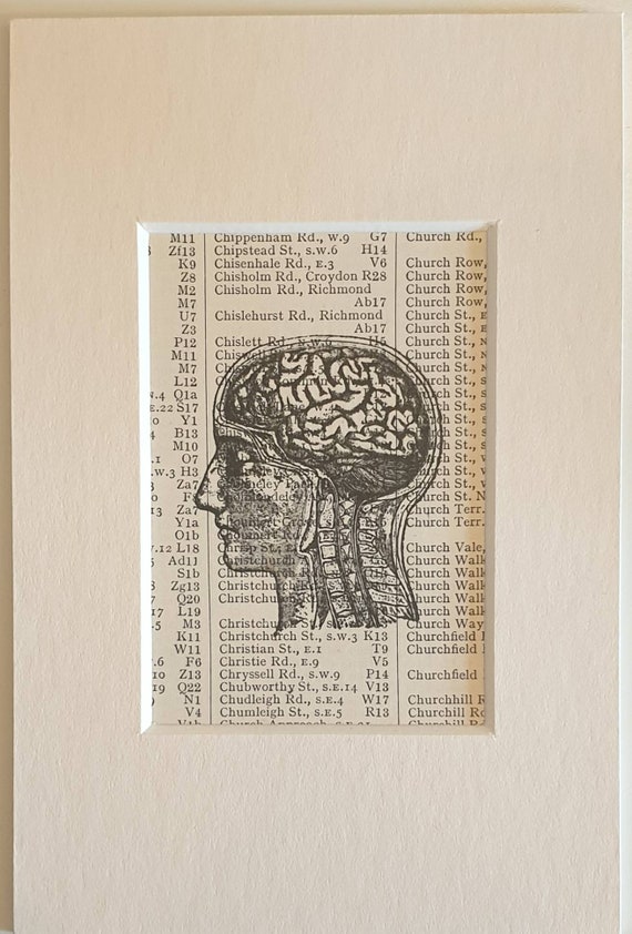 Handprinted brain and head on original vintage page in mount