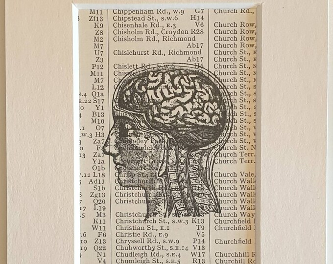 Handprinted brain and head on original vintage page in mount