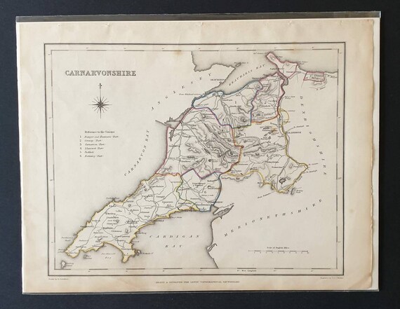 Original 1844 hand coloured County map - Carnarvonshire