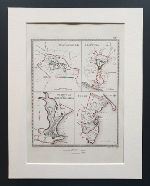 Dorchester, Bridport, Weymouth and Poole - Original 1835 maps in mount