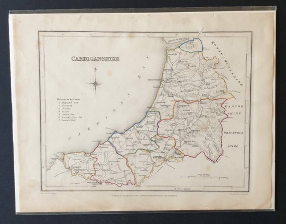 Original 1844 hand coloured County map - Cardiganshire