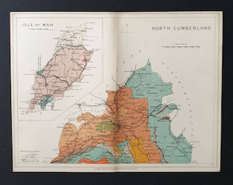 North Cumberland and Isle of Man - Original 1914 Antique County Geology map