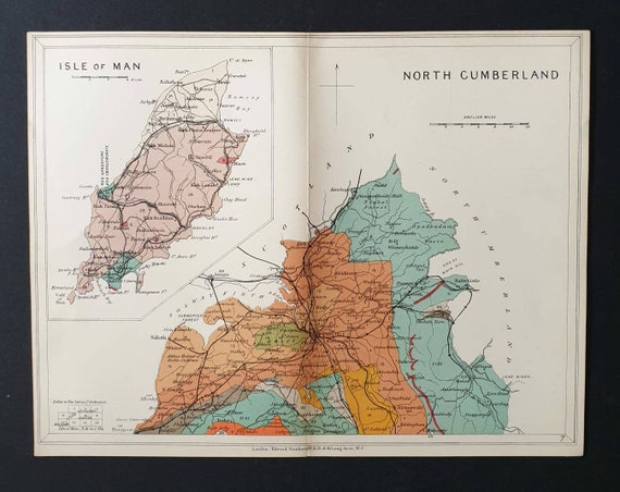 Original 1914 Antique County Geology map - North Cumberland and Isle of Man