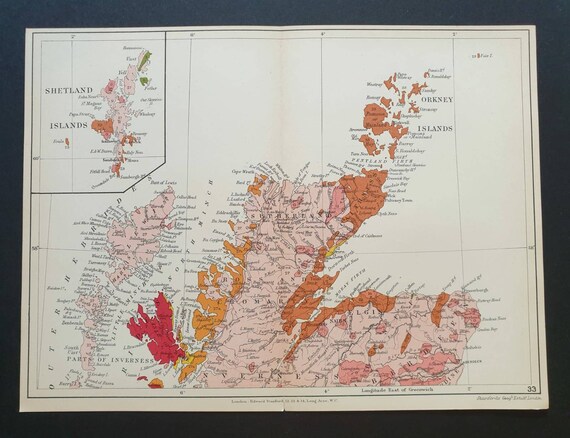 Original 1904 Antique County Geology map - Scotland North