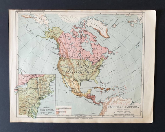 Original rare 1913 Russian map. North America Political