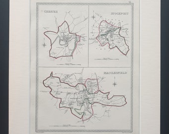 Chester, Stockport and Macclesfield - Original 1835 maps in mount