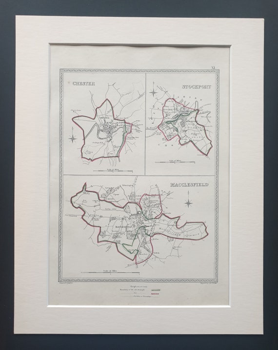 Chester, Stockport and Macclesfield - Original 1835 maps in mount