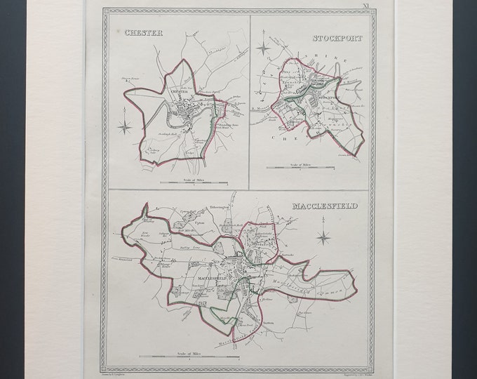 Chester, Stockport and Macclesfield - Original 1835 maps in mount