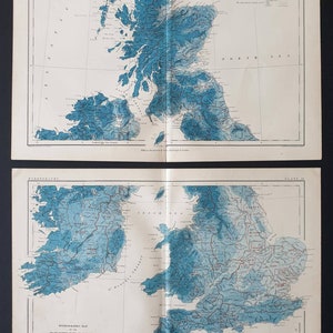 May include: Two-page spread of vintage British Isles hydrographic maps, featuring blue shading to indicate river basins, rainfall, and elevation contours. The maps are printed on aged paper with detailed geographical features.