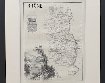 Rhône - Original 1865 map in mount