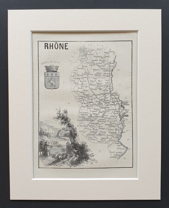 Rhône - Original 1865 map in mount