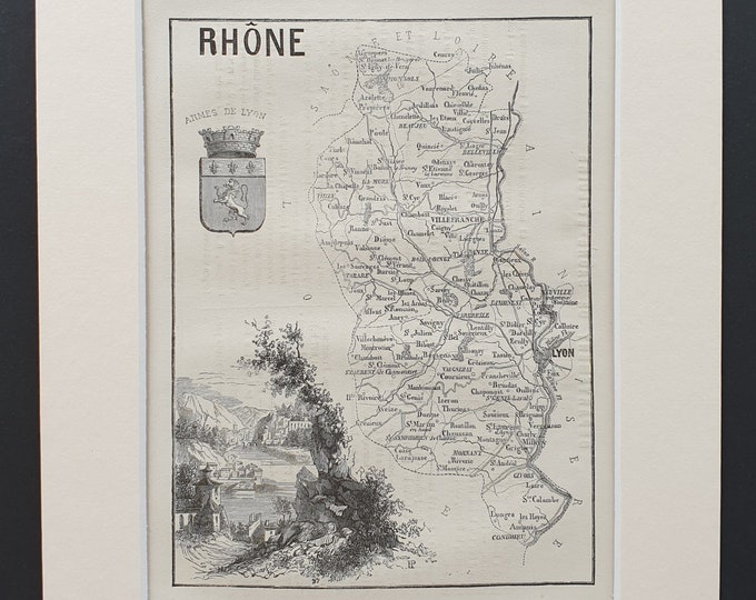 Rhône - Original 1865 map in mount