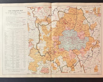 Fire Brigade Map - Original Antique c1924 London Map