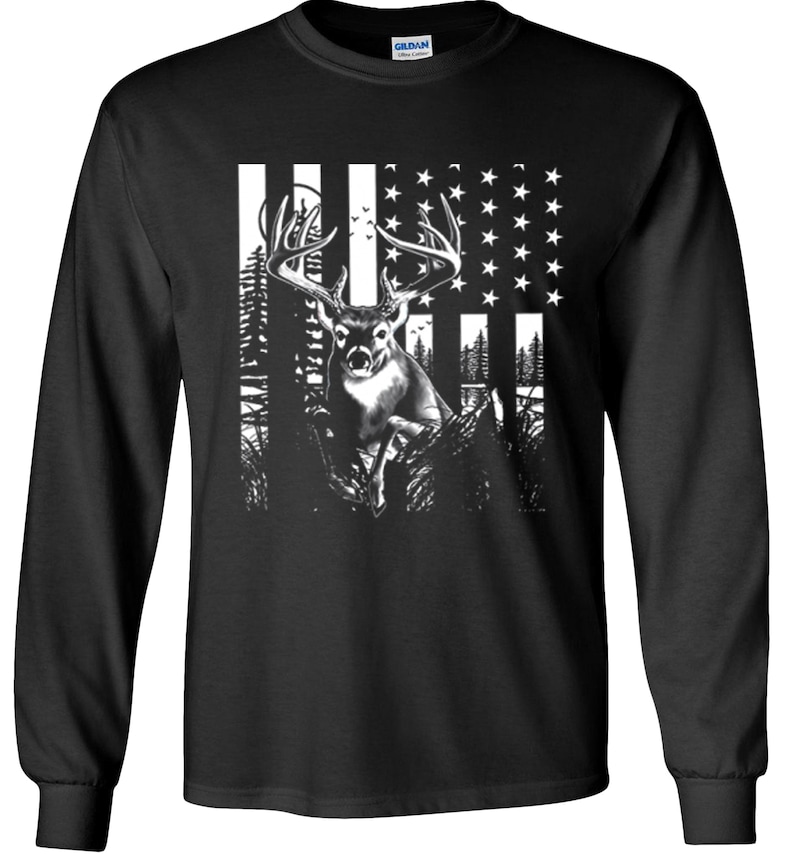 Hunting American Flag Tshirt or Long Sleeve, USA Flag Deer Buck S5X