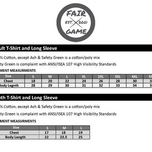 May include: Size chart for adult and youth t-shirts and long sleeve shirts. The chart shows chest and body length measurements in inches for sizes S through 5XL.