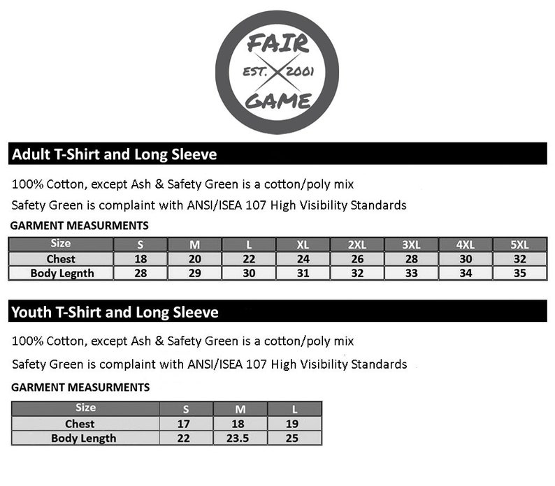 May include: Size chart for adult and youth t-shirts and long sleeve shirts. The chart shows chest and body length measurements in inches for sizes S through 5XL.