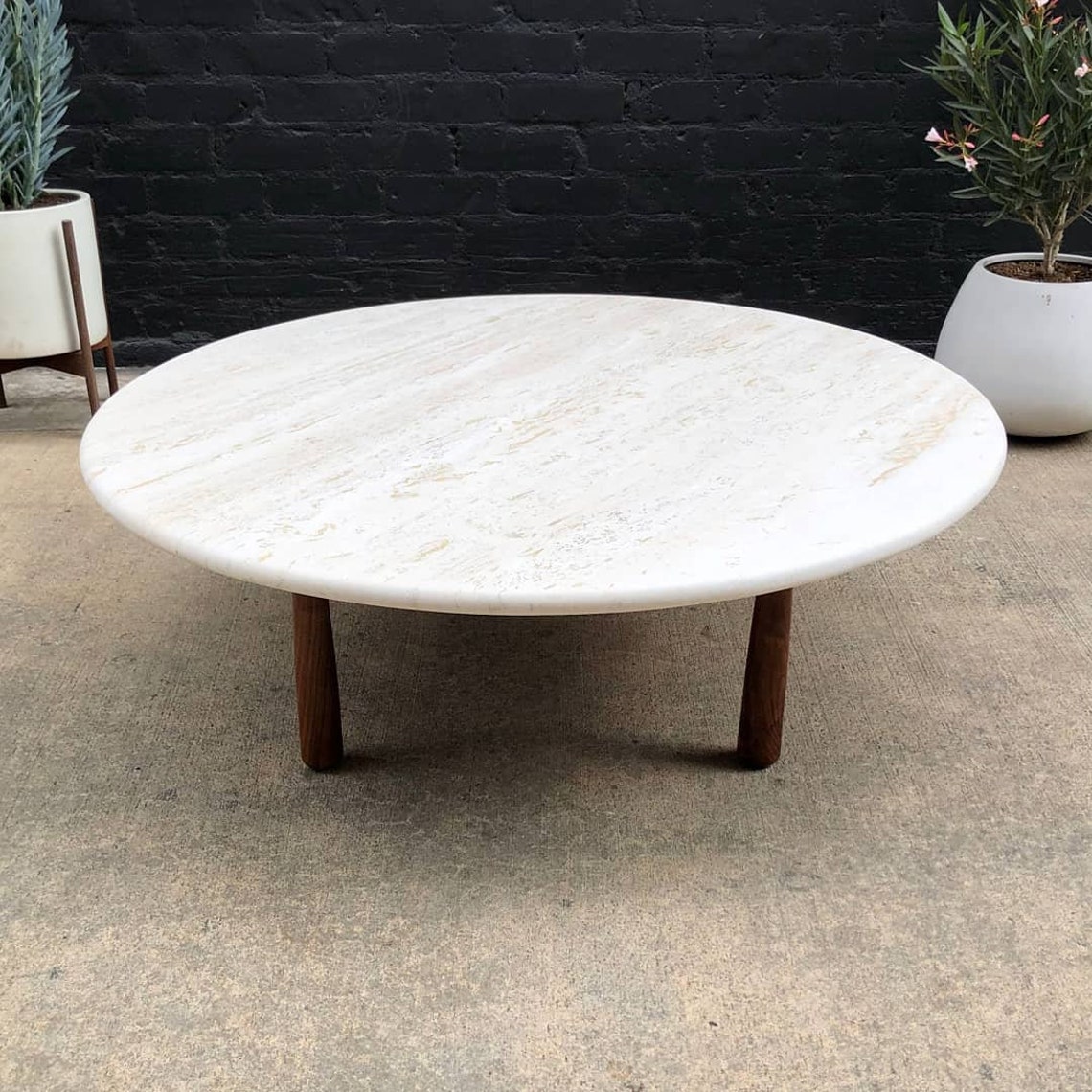 Vintage Large Round Travertine Top & Walnut Coffee Table Etsy