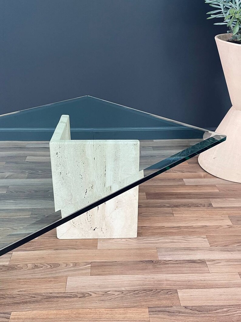 Mid-Century Modern Travertine Stone & Glass Coffee Table, c.1970s image 6