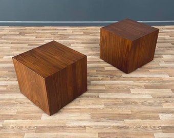 Pair of Mid-Century Modern Walnut Pedestal Cube Side Tables, c.1950’s