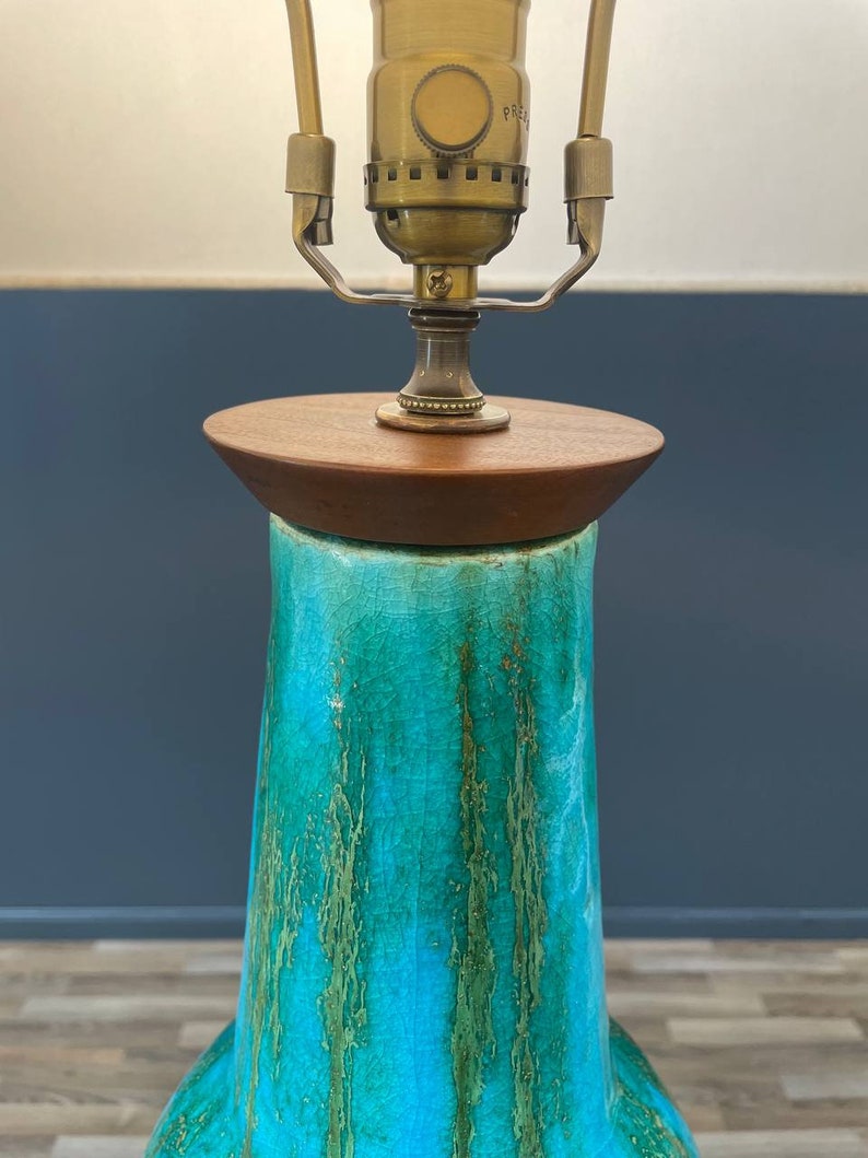Mid-Century Modern Blue Glazed Ceramic Table Lamp, c.1960s image 5
