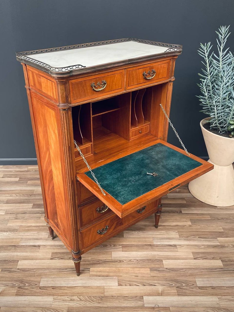 French Louis XVI-Style Secretary Desk with Marble Top, c.1930s image 1
