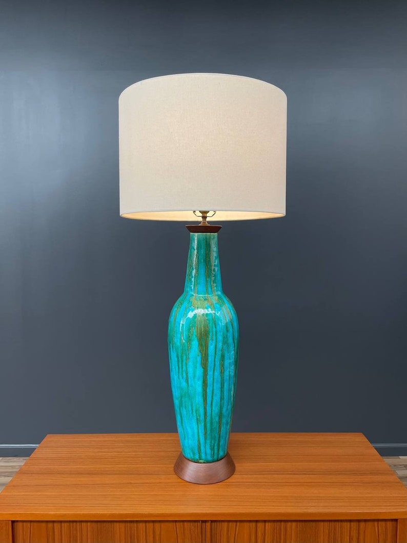 Mid-Century Modern Blue Glazed Ceramic Table Lamp, c.1960s image 1