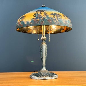 Arts & Crafts Pittsburgh Reverse Painted Farmhouse Table Lamp, c.1930s image 2