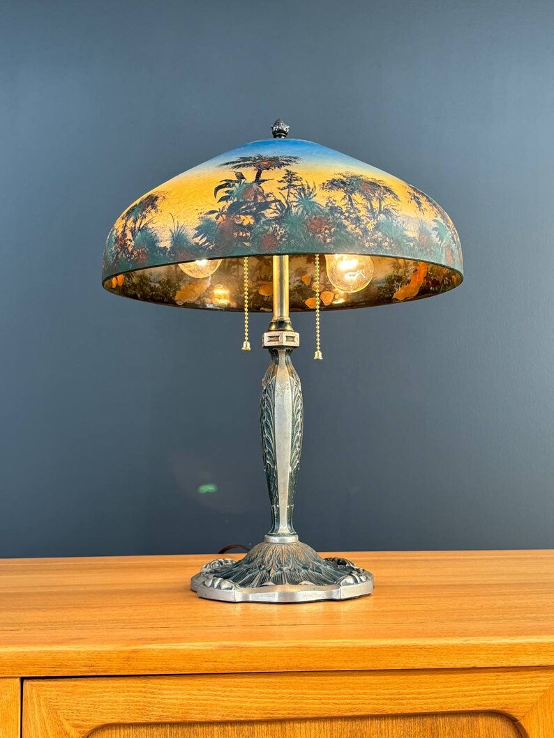 Arts & Crafts Pittsburgh Reverse Painted Farmhouse Table Lamp, c.1930s image 2