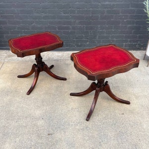 Pair of American Antique Mahogany Side Tables with Gilt-Tooled Burgundy Red Leather Top, c.1950s image 2
