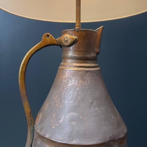 Antique Farmhouse Copper & Brass Pitcher Table Lamp, c.1910s image 4