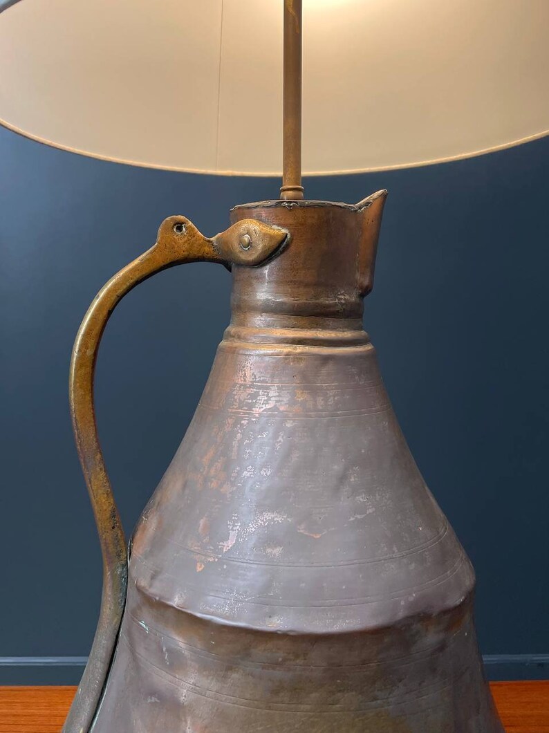 Antique Farmhouse Copper & Brass Pitcher Table Lamp, c.1910s image 4
